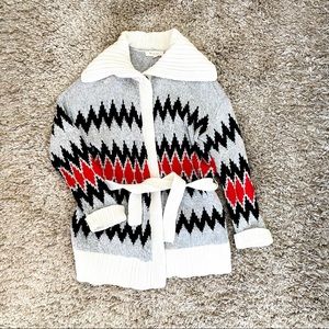 Two Vince Camuto long cardigan sweater with red and black chevron pattern.